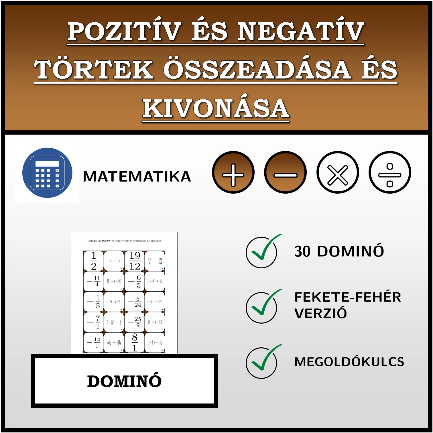Dominó: Pozitív és negatív törtek összeadása és kivonása