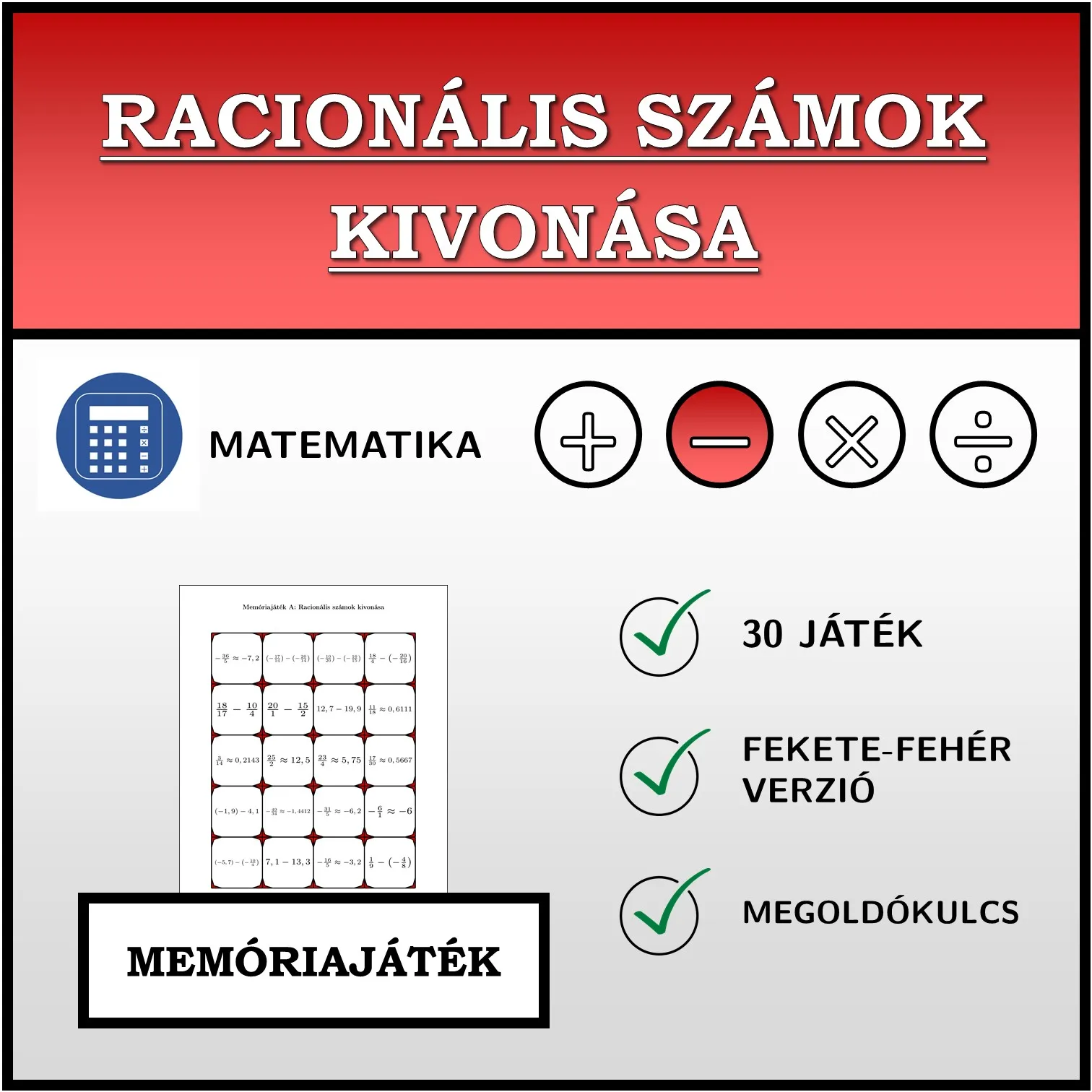 Memóriajáték: Racionális számok kivonása