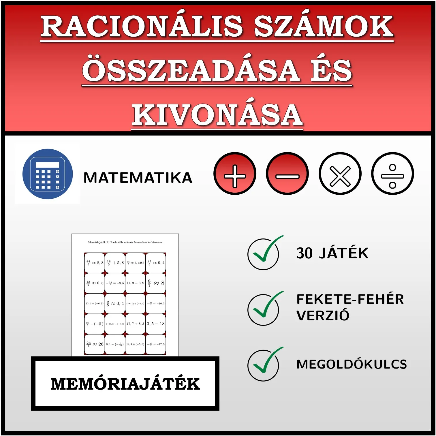 Memóriajáték: Racionális számok összeadása és kivonása