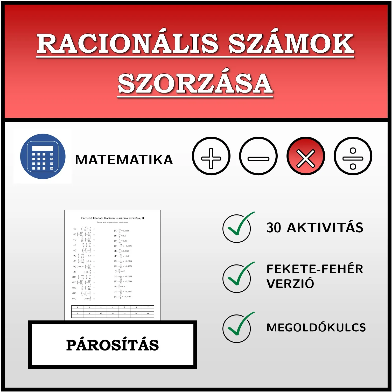 Párosító feladat: Racionális számok szorzása