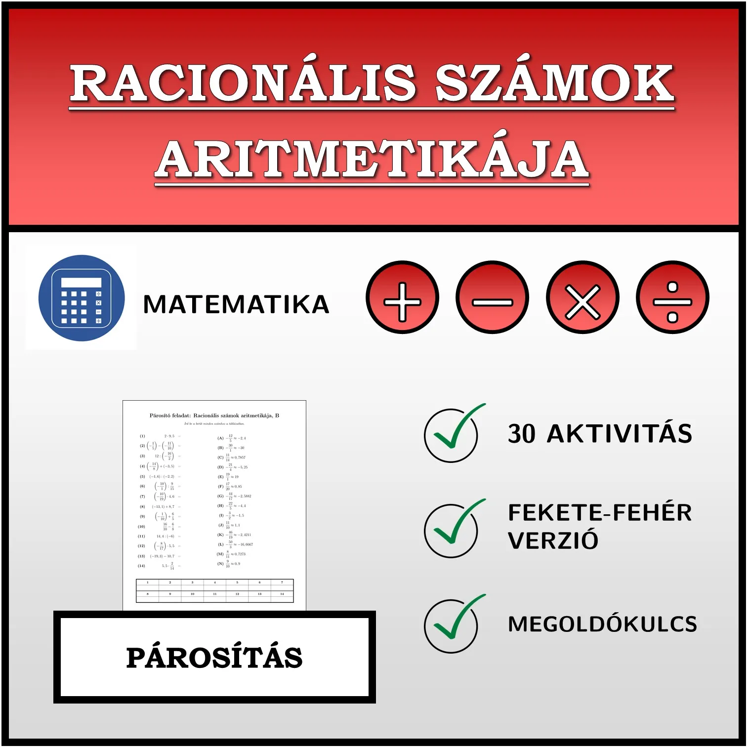 Párosító feladat: Racionális számok aritmetikája