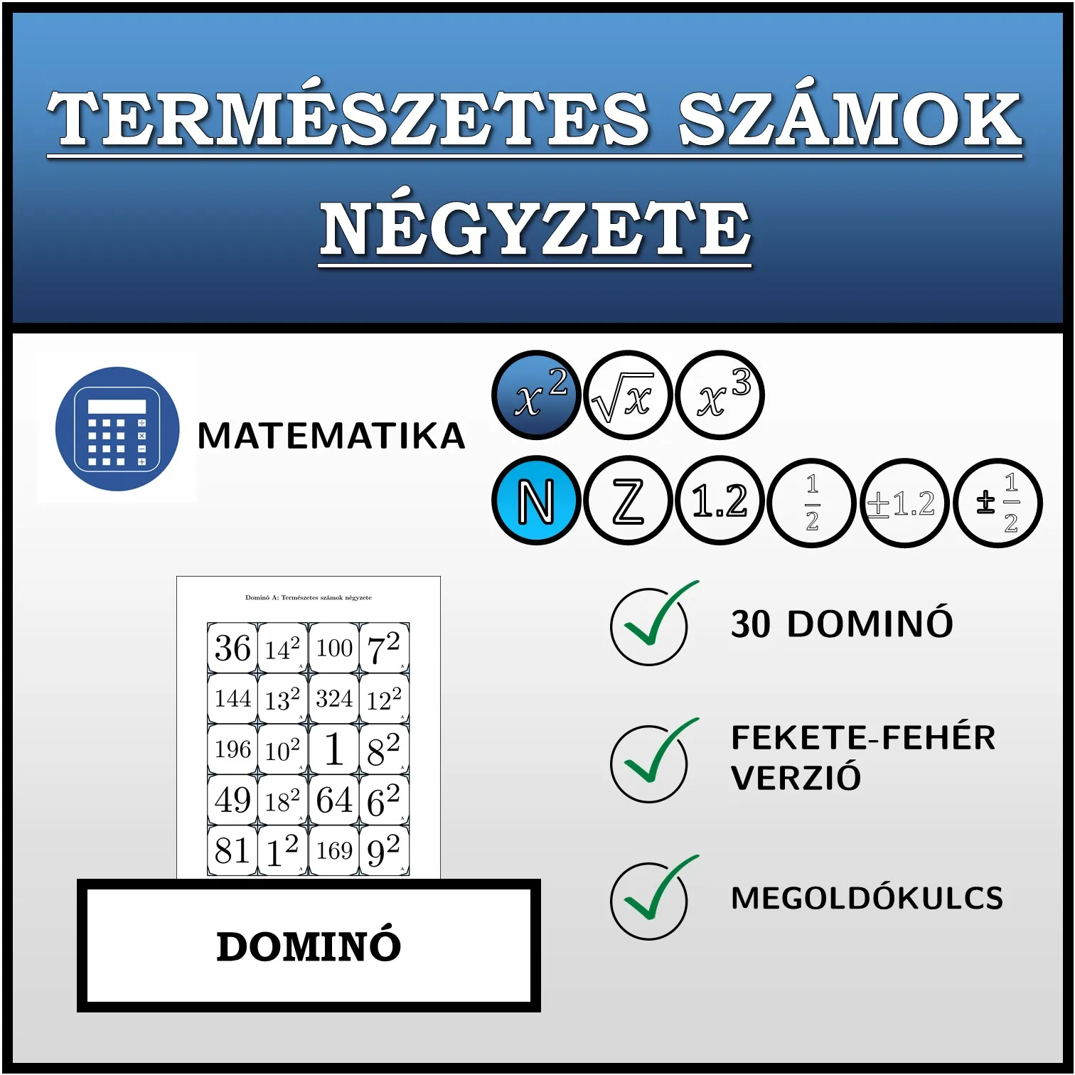 Dominó: Természetes számok négyzete