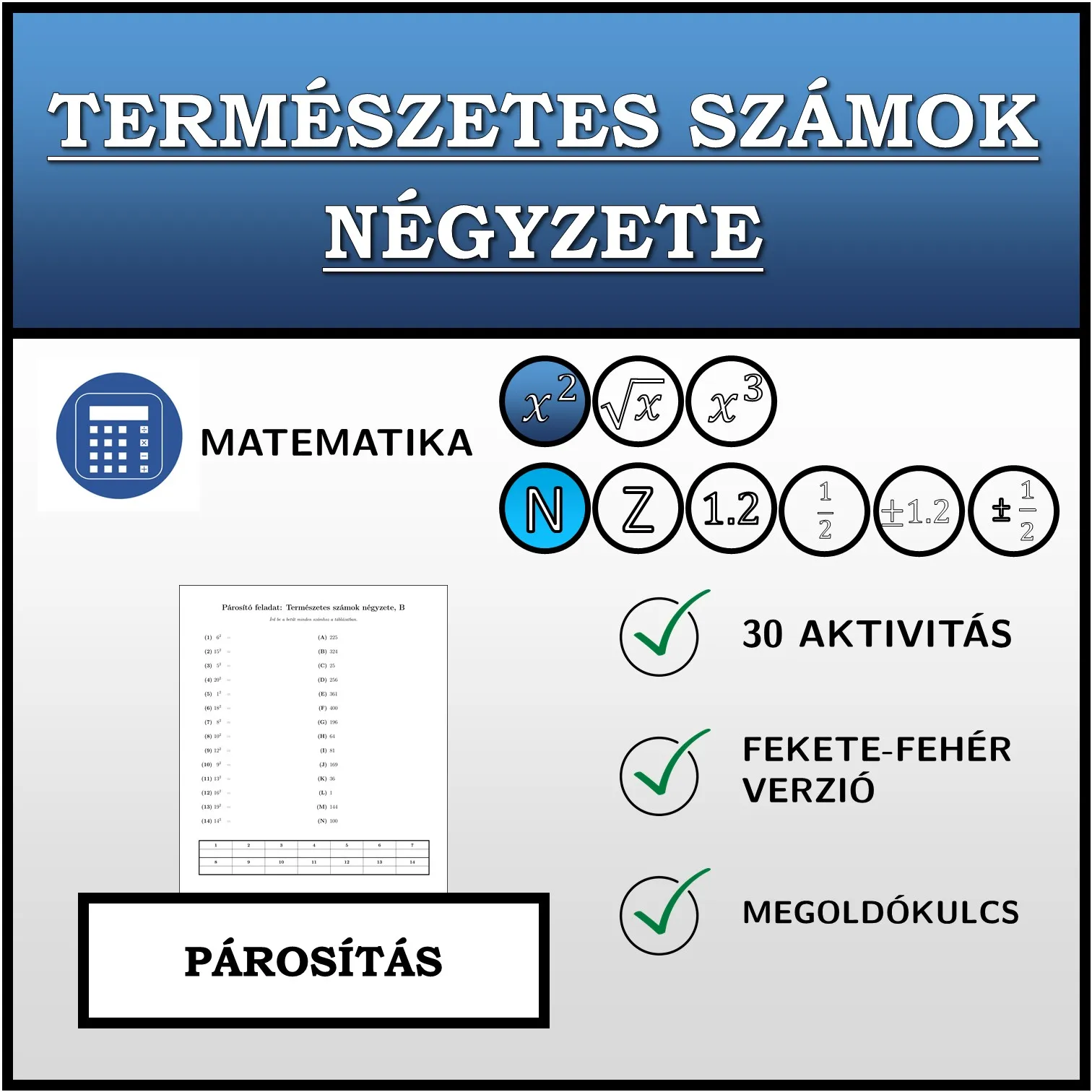 Párosító feladat: Természetes számok négyzete