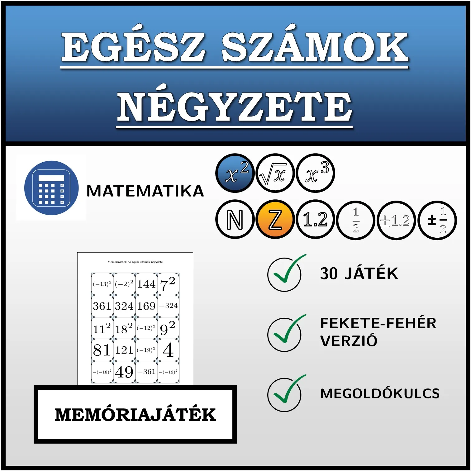 Memóriajáték: Egész számok négyzete