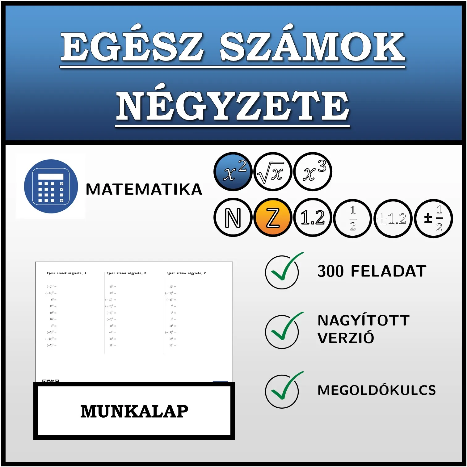 Munkalap: Egész számok négyzete
