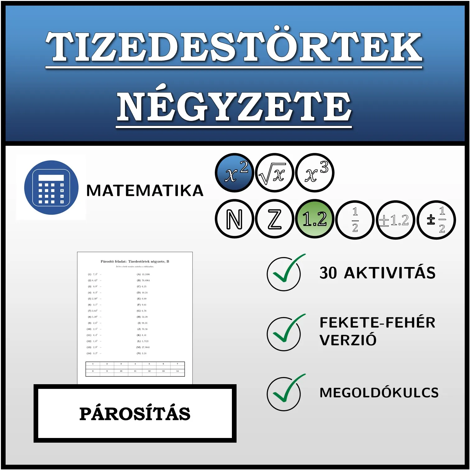 Párosító feladat: Tizedestörtek négyzete