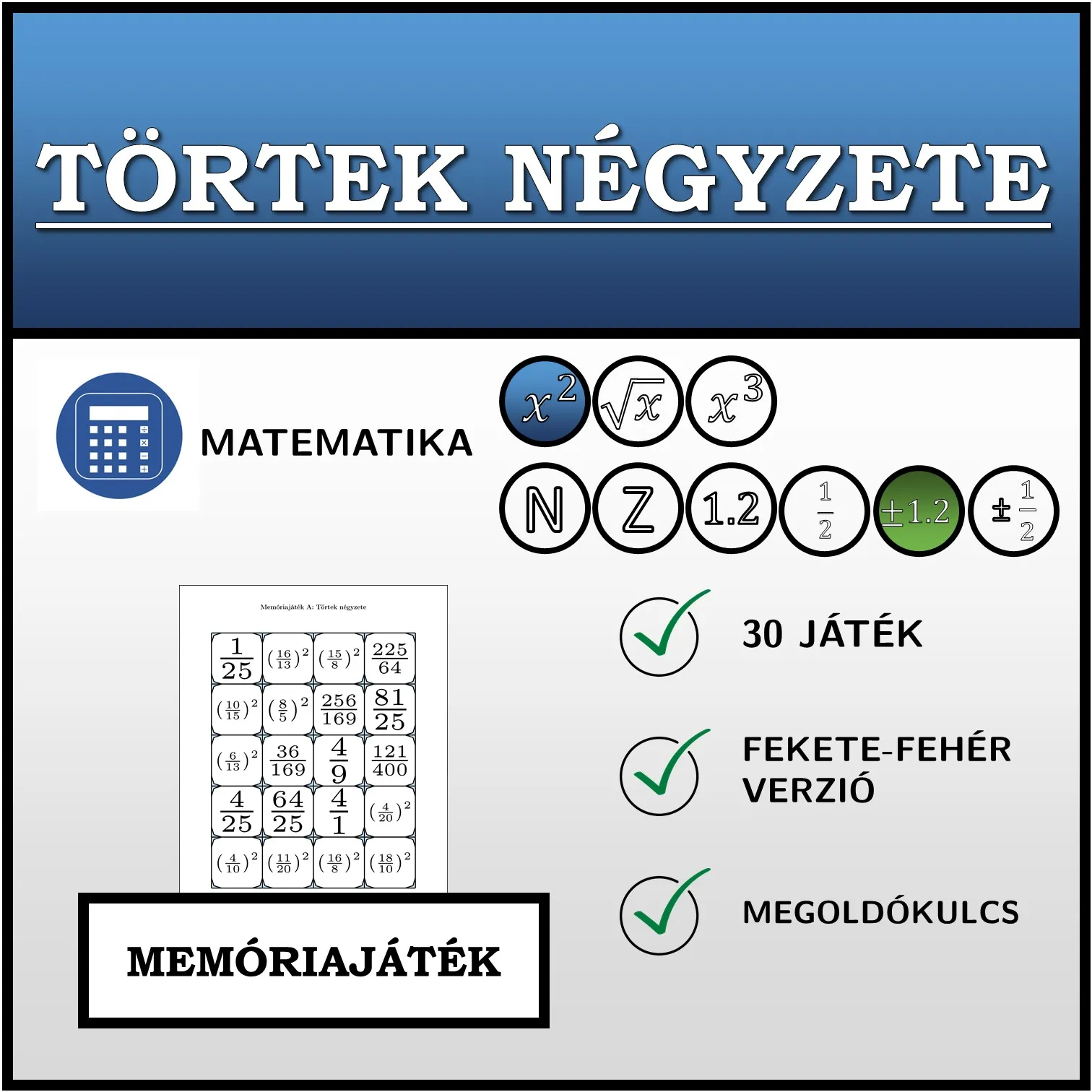 Memóriajáték: Törtek négyzete