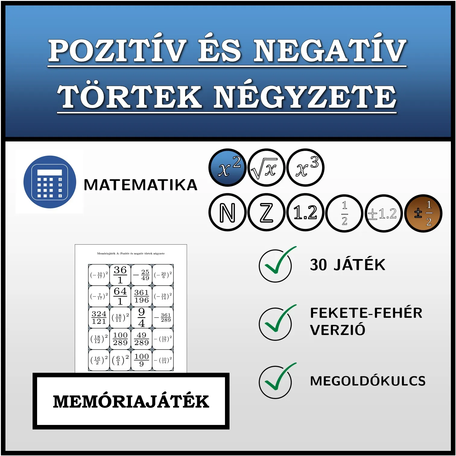Memóriajáték: Pozitív és negatív törtek négyzete
