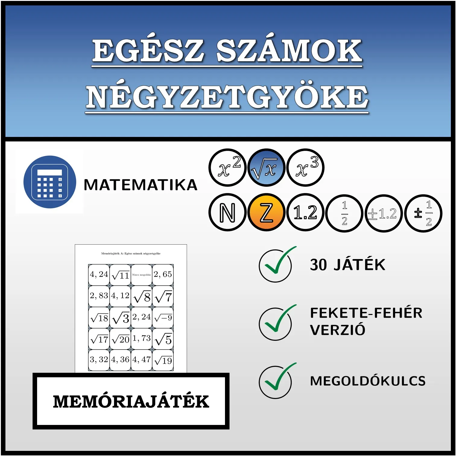 Memóriajáték: Egész számok négyzetgyöke