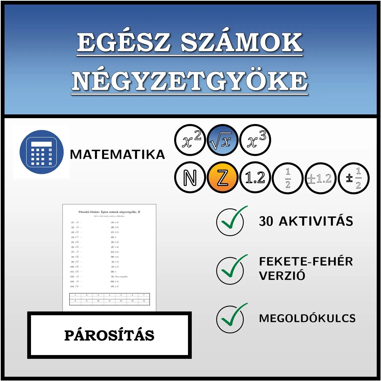 Párosító feladat: Egész számok négyzetgyöke