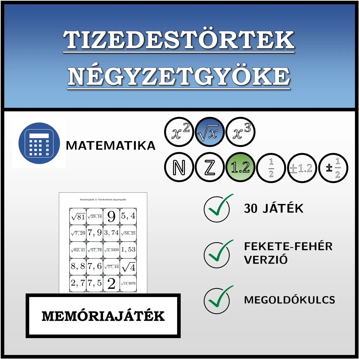 Memóriajáték: Tizedestörtek négyzetgyöke