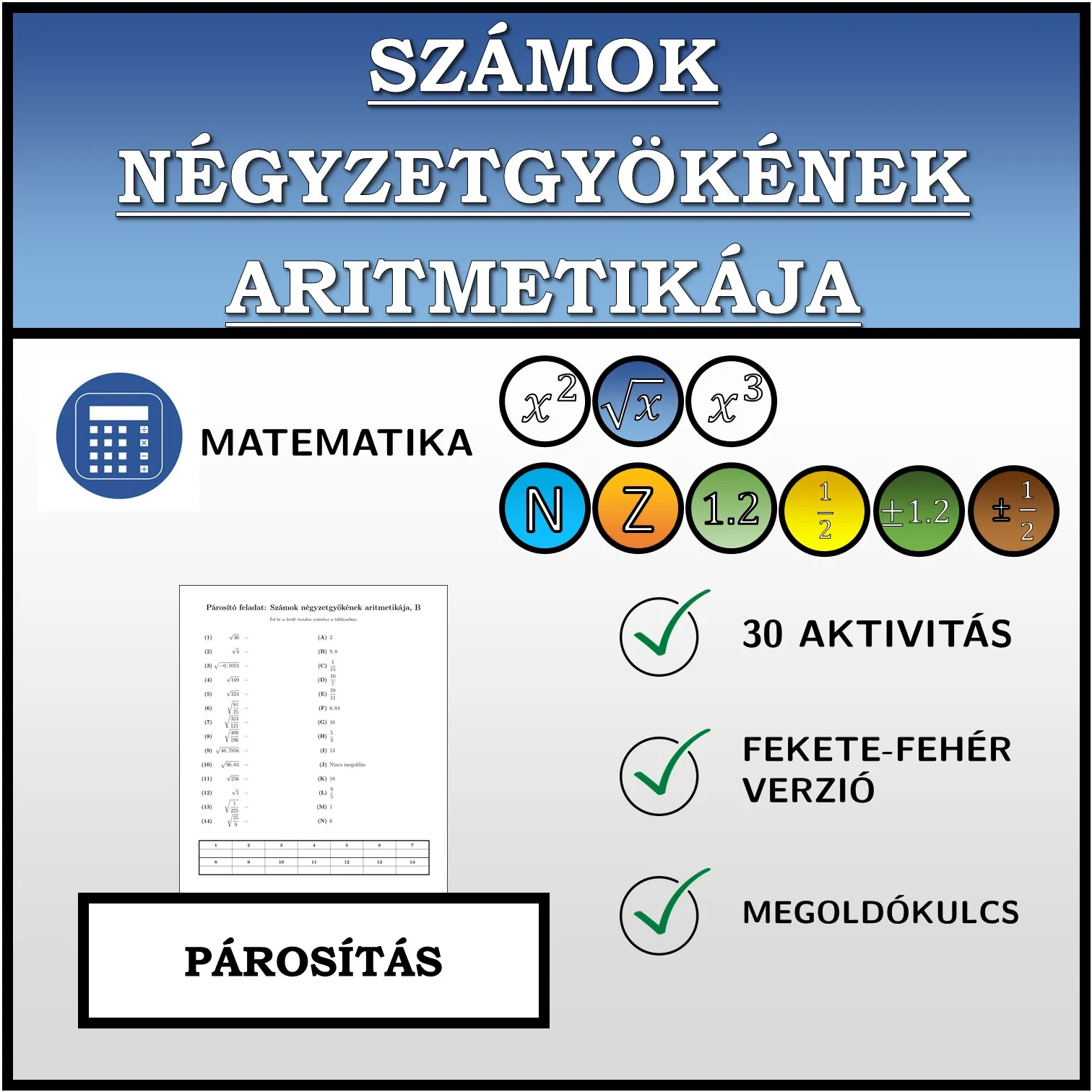 Párosító feladat: Számok négyzetgyökének aritmetikája