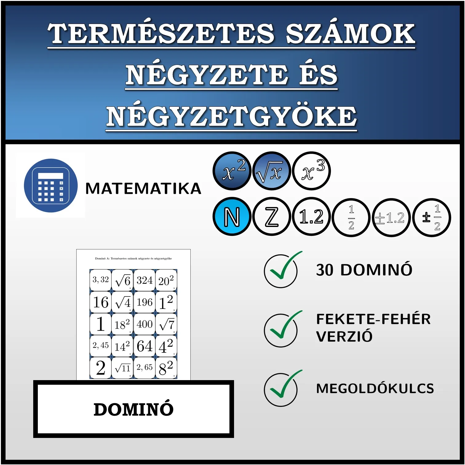 Dominó: Természetes számok négyzete és négyzetgyöke