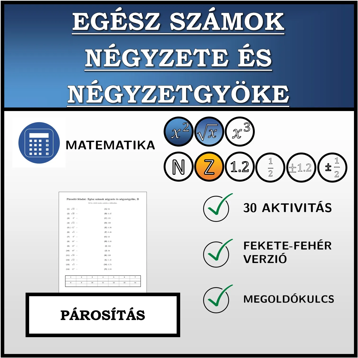 Párosító feladat: Egész számok négyzete és négyzetgyöke